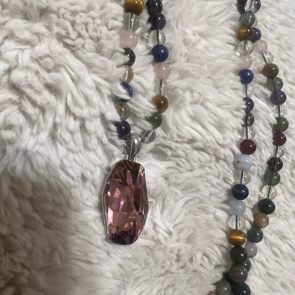 singapore Jewelry - Chic Multicolor Beaded Necklace with Pink Pendant